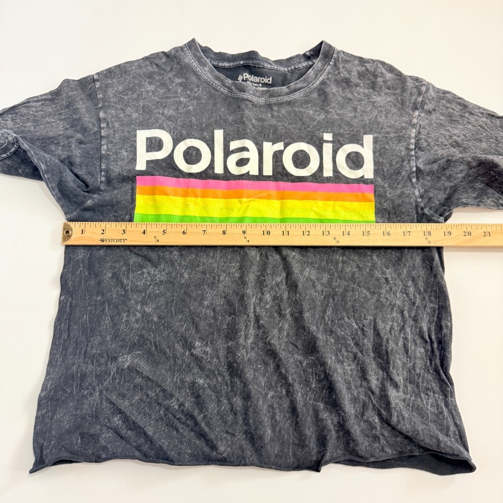 Polaroid Cropped T-Shirt S/S Acid Washed Distressed Back Charcoal Gray Sz M‎ - Picture 3 of 7